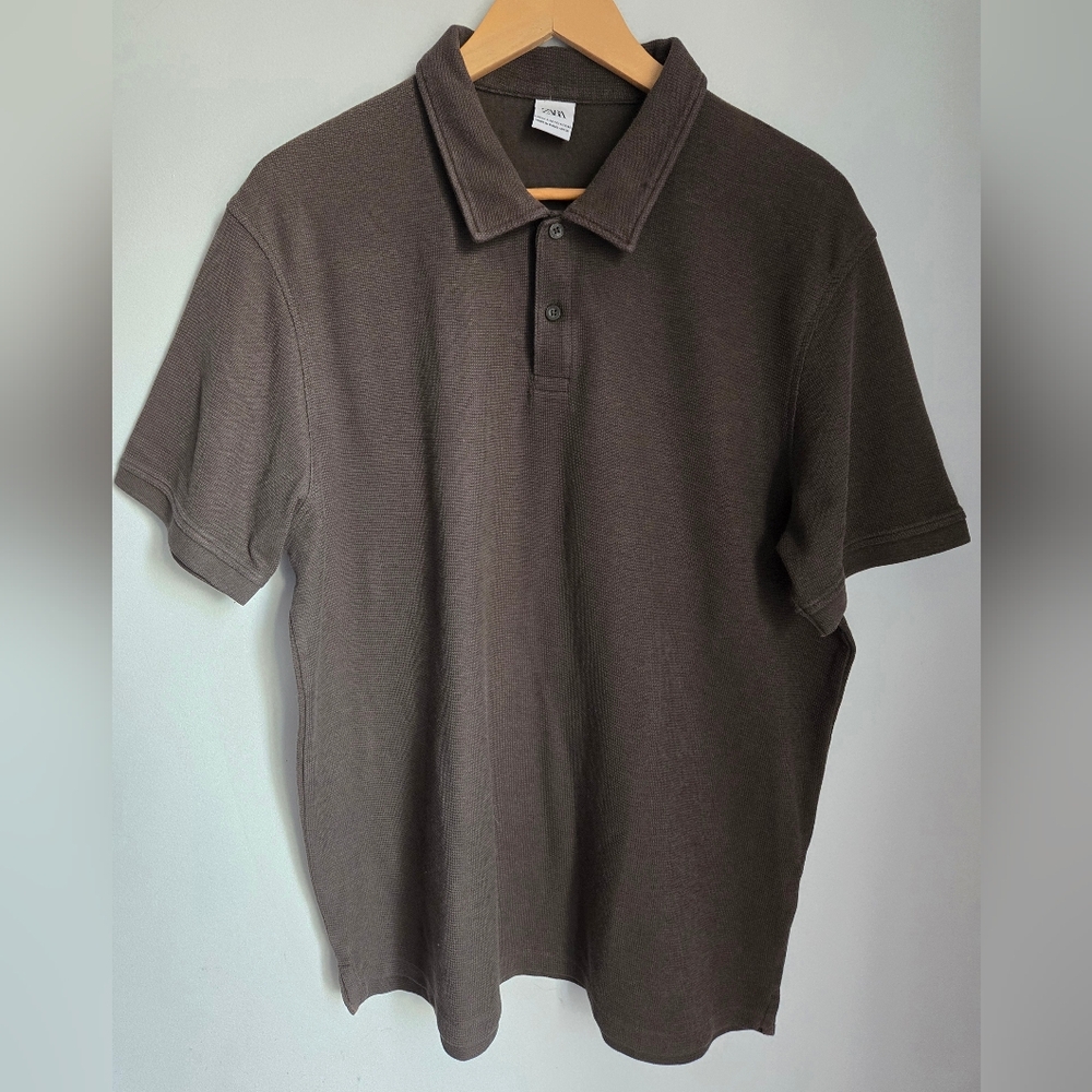 ZARA Dark Gray-brown Textured Cotton Blend Polo Shirt